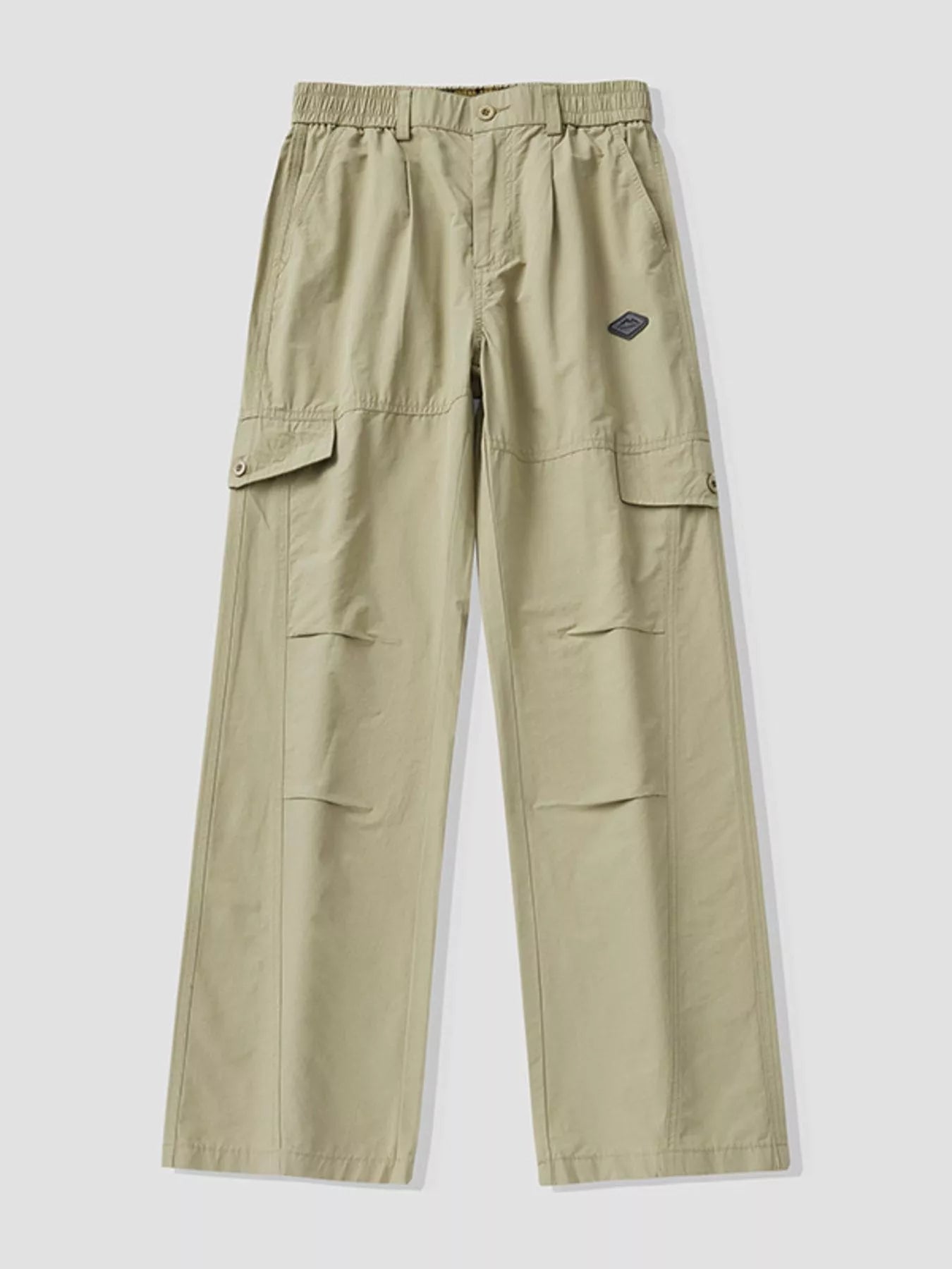 Men's khaki wide-leg cargo pants with a drawstring waist and pockets.