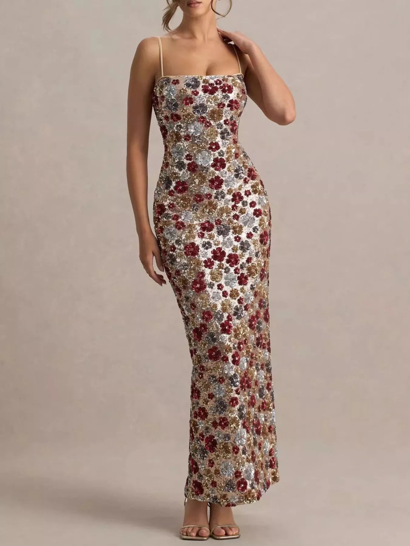 Multicolor floral sequin bodycon maxi dress worn full length facing forward with thin straps