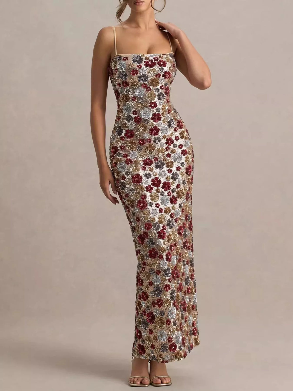 Multicolor floral sequin bodycon maxi dress worn full length facing forward with thin straps