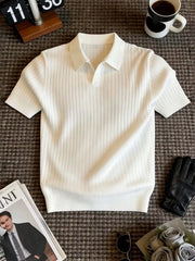 Men's ribbed knit polo shirt with a classic collar and seam details.