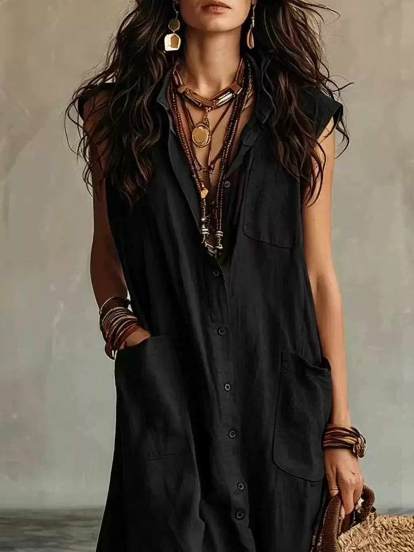 Close view of black sleeveless button down linen maxi dress showing buttons and large pockets