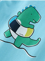 Angled close-up of green dinosaur with striped swim ring on sky blue children's tee
