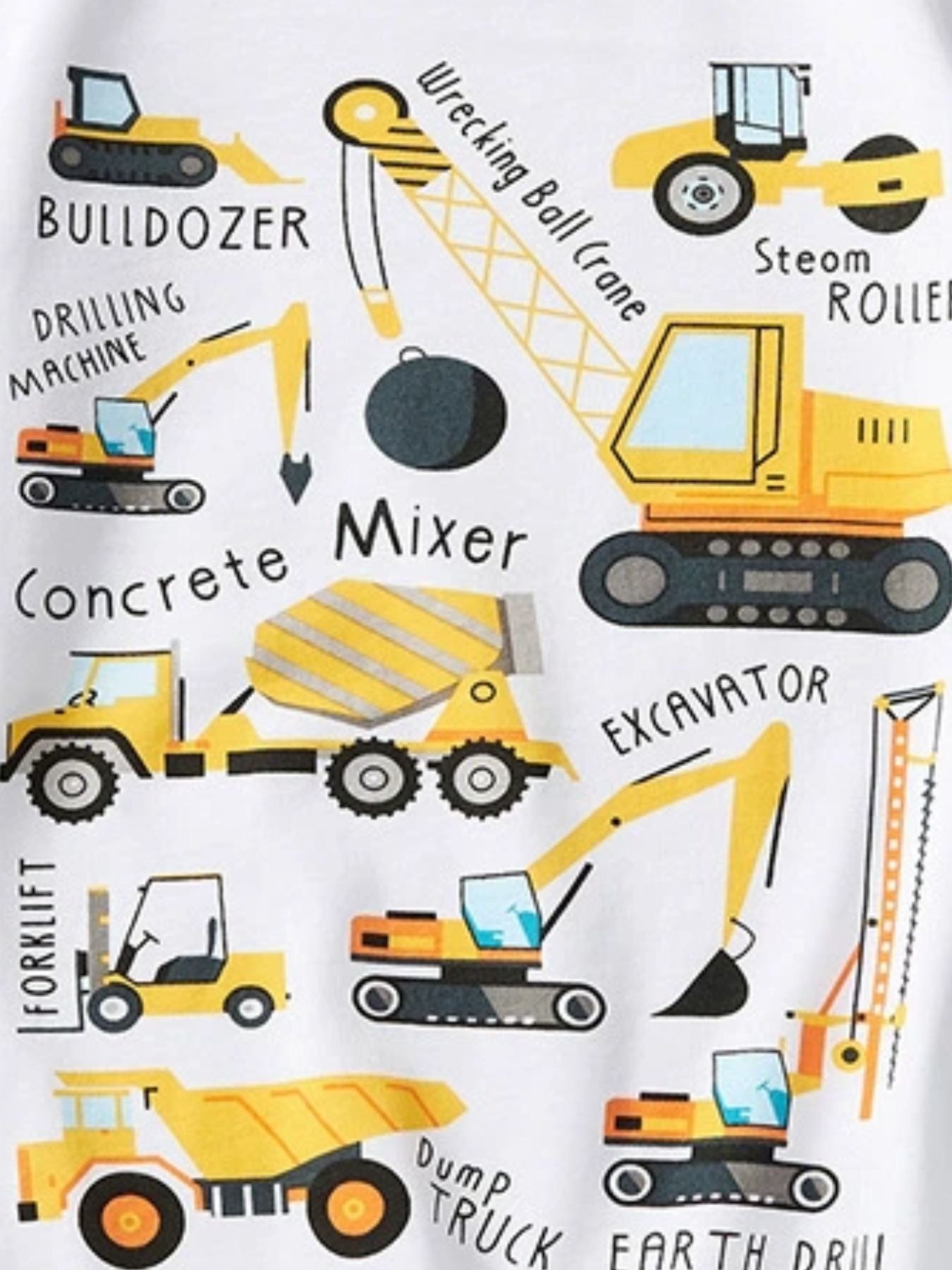 Close-up of the bulldozer, crane, mixer and excavator graphics on a white children's crew neck T-shirt