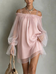 Front view of a dusty pink off shoulder mini dress with sheer long sleeves and thin straps