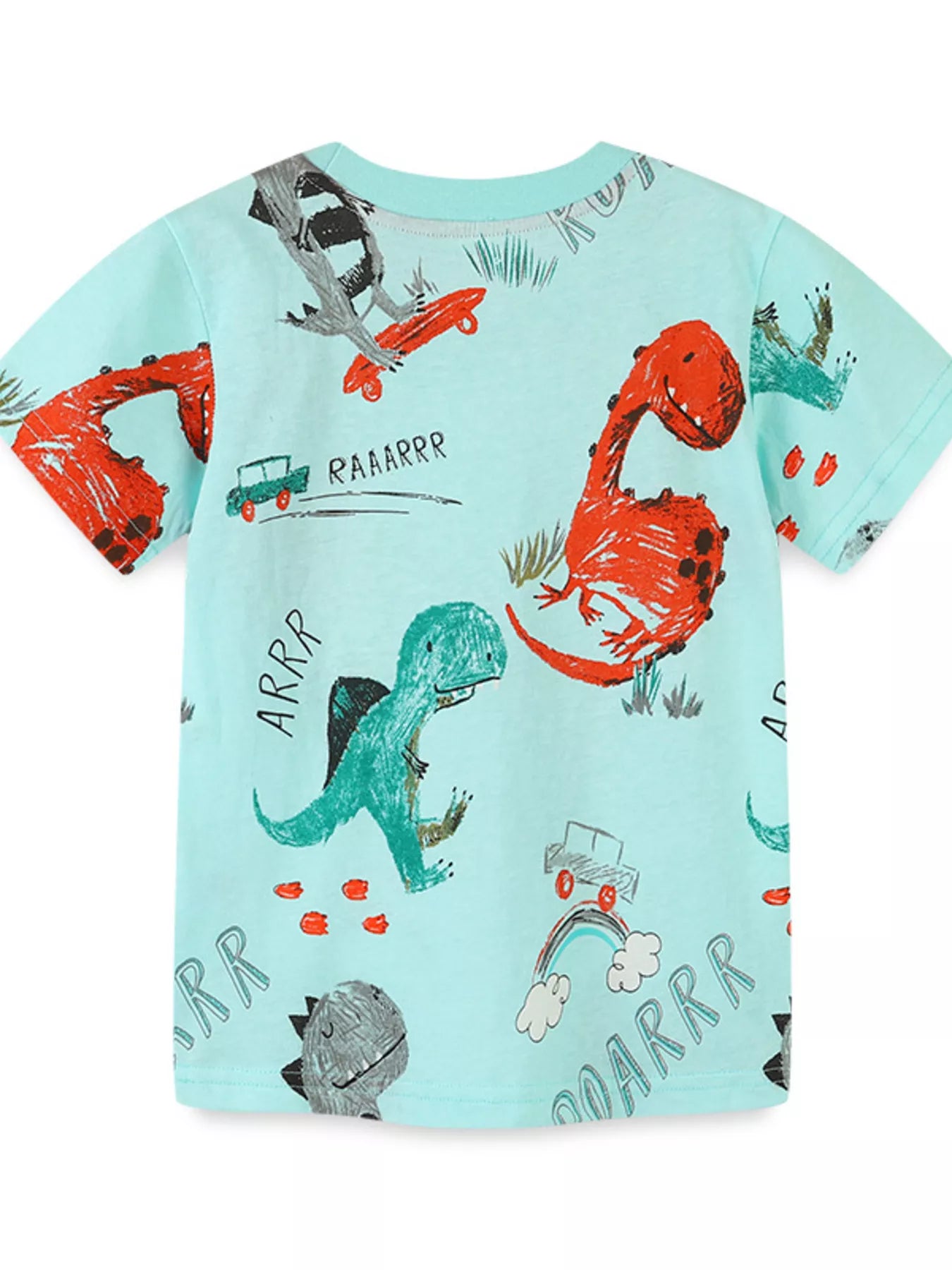 Back view of the light aqua children's t-shirt with all-over red and teal dinosaur prints