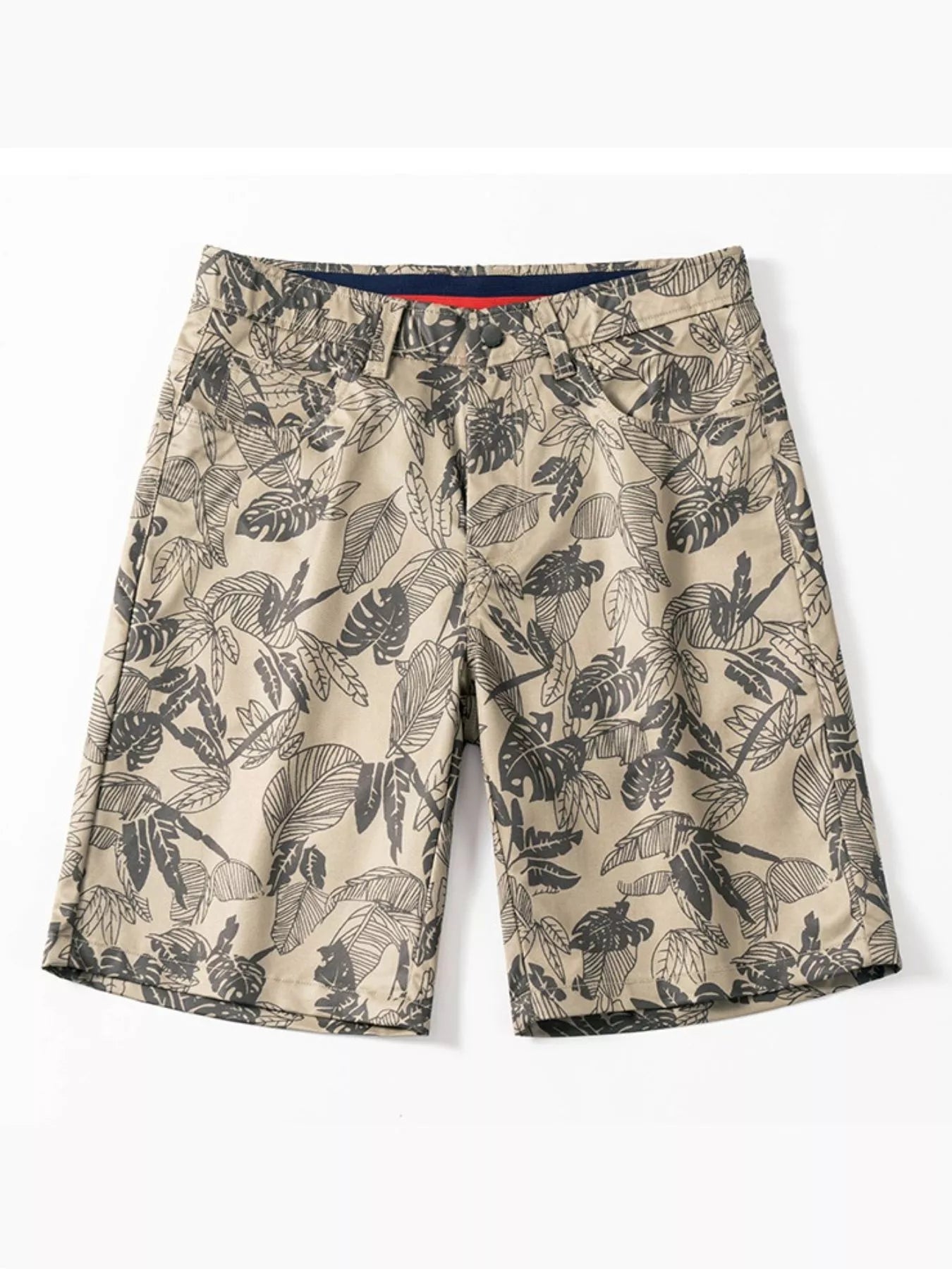 Men's brown gray printed loose fit shorts with pockets.