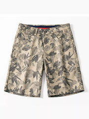 Men's brown gray printed loose fit shorts with pockets.