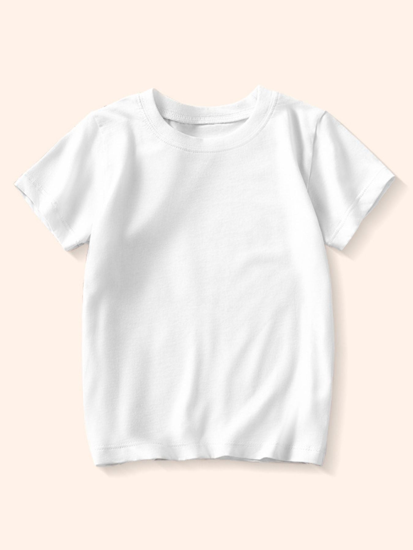Plain white children's crew neck T-shirt shown from the front on a pale background