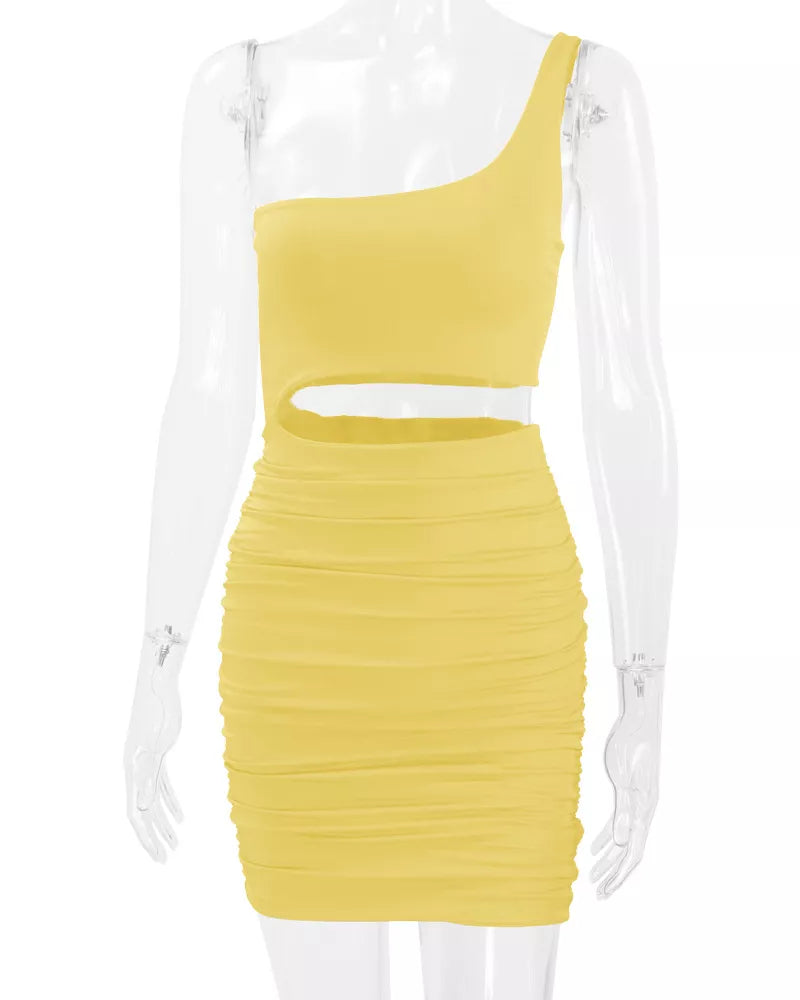 Front view of light yellow one shoulder cutout ruched bodycon mini dress on a clear mannequin