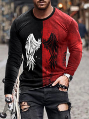 Men's split-color long-sleeve graphic T-shirt made from a slightly stretchy cotton-spandex blend.