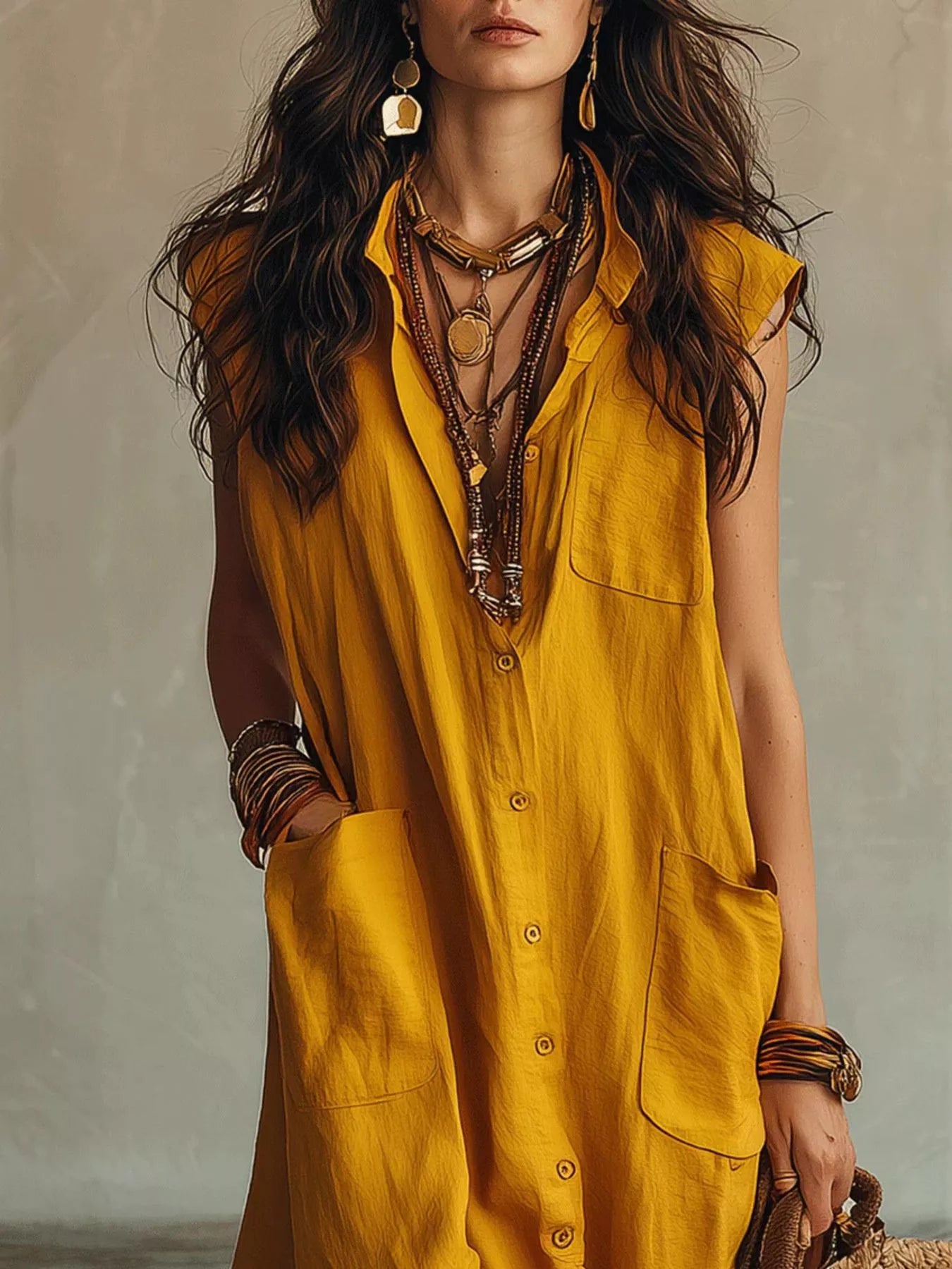 Close view of gold sleeveless button down linen maxi dress showing buttons and large pockets