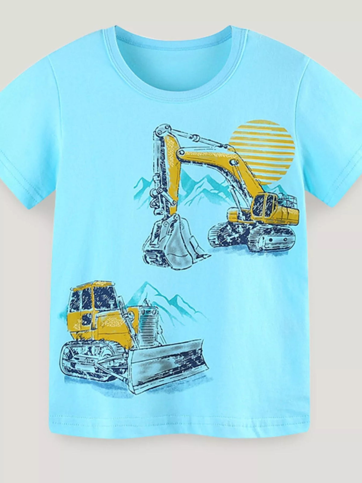 Pastel blue children's T-shirt with yellow excavator and bulldozer prints, mountains and striped sun