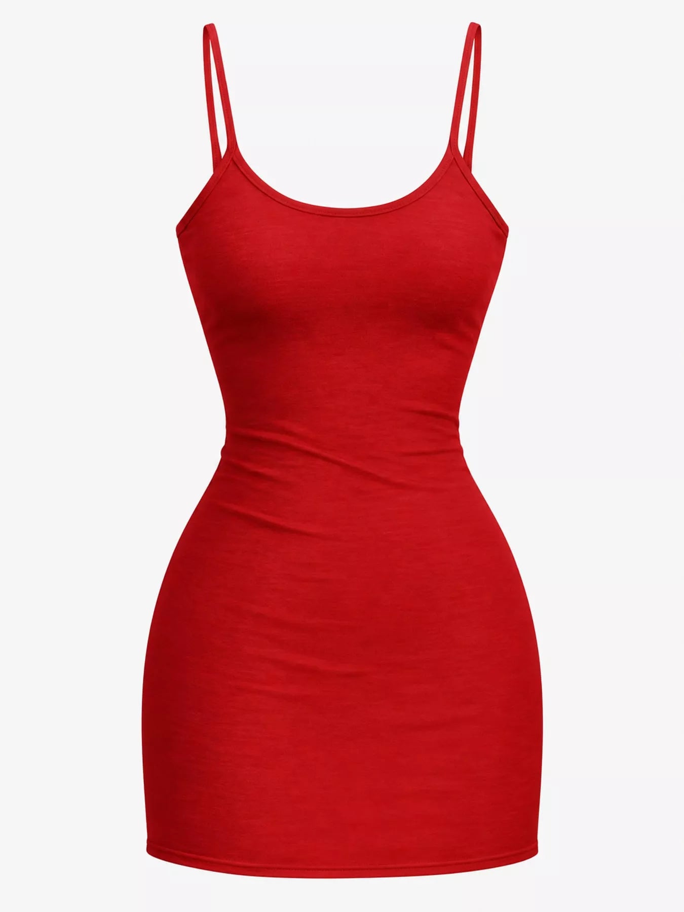 Red scoop neck cami dress with thin straps, flat front view on plain background