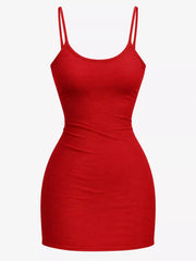 Red scoop neck cami dress with thin straps, flat front view on plain background