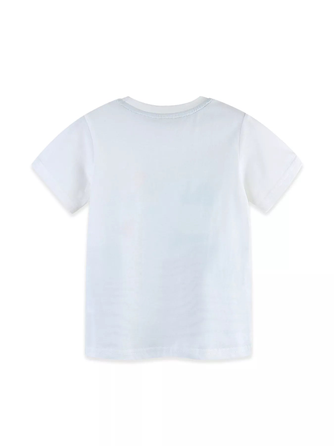 Flat lay back view of plain white children's short sleeve round neck t-shirt