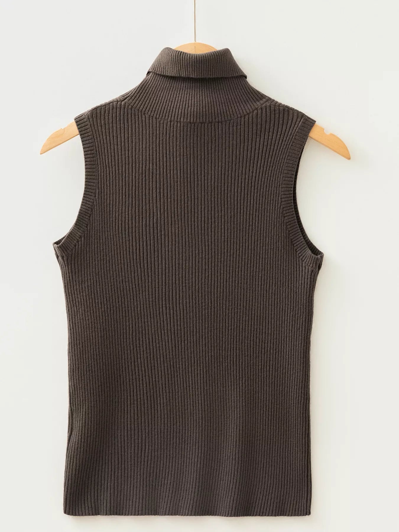 Coffee brown ribbed high neck sweater vest hanging on wooden hanger back view