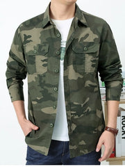 Men's camouflage long-sleeve shirt with buttons and pockets in a cotton-spandex blend.