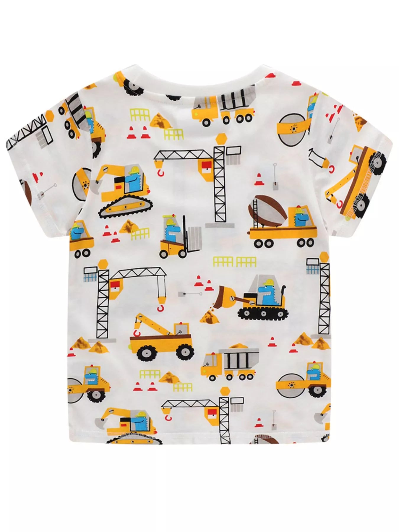 Back view of a white children's t shirt covered in yellow construction vehicle prints