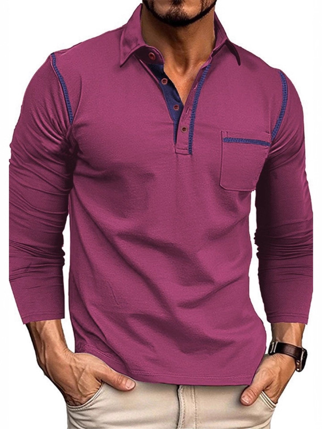 Men's long-sleeve polo with contrast stitching and pocket detailing in a cotton-spandex blend.