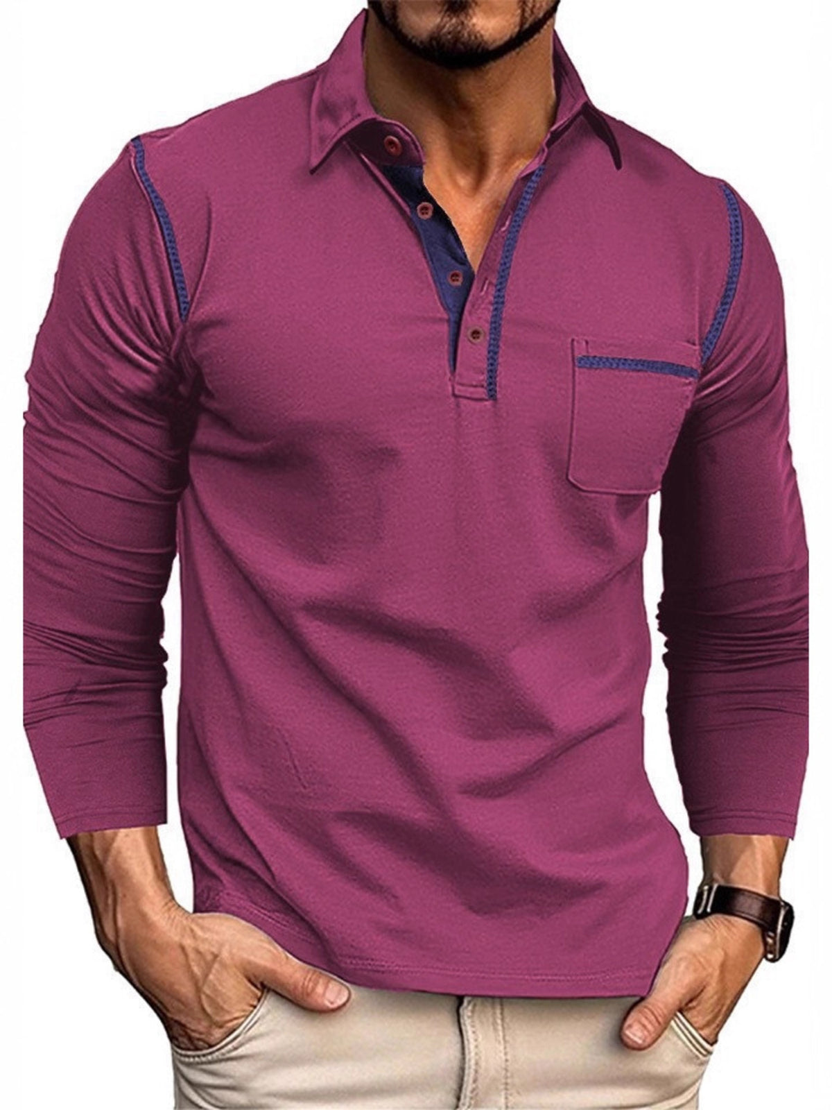 Men's long-sleeve polo with contrast stitching and pocket detailing in a cotton-spandex blend.