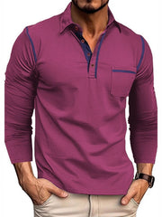 Men's long-sleeve polo with contrast stitching and pocket detailing in a cotton-spandex blend.