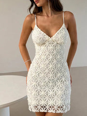 White floral lace bodycon mini dress worn on model, front view with thin straps