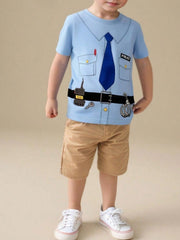 Children's light blue tee printed as a police uniform with tie pockets belt and radio
