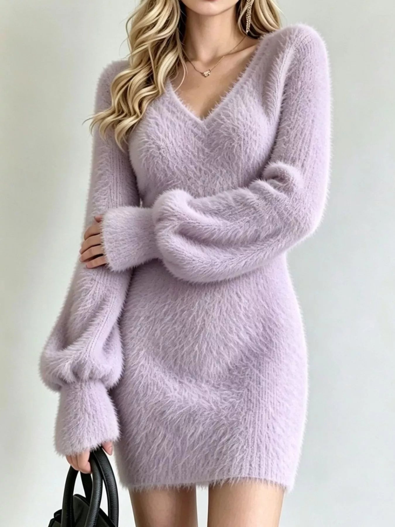 Lavender fuzzy knit sweater dress with V neck and long puff sleeves, front view