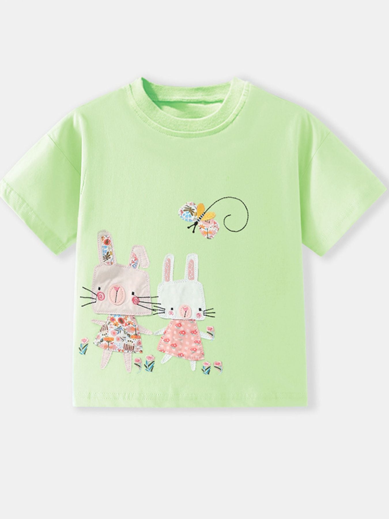 Flat lay front view of light green children's tee with cartoon bunnies and a butterfly print