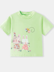 Flat lay front view of light green children's tee with cartoon bunnies and a butterfly print