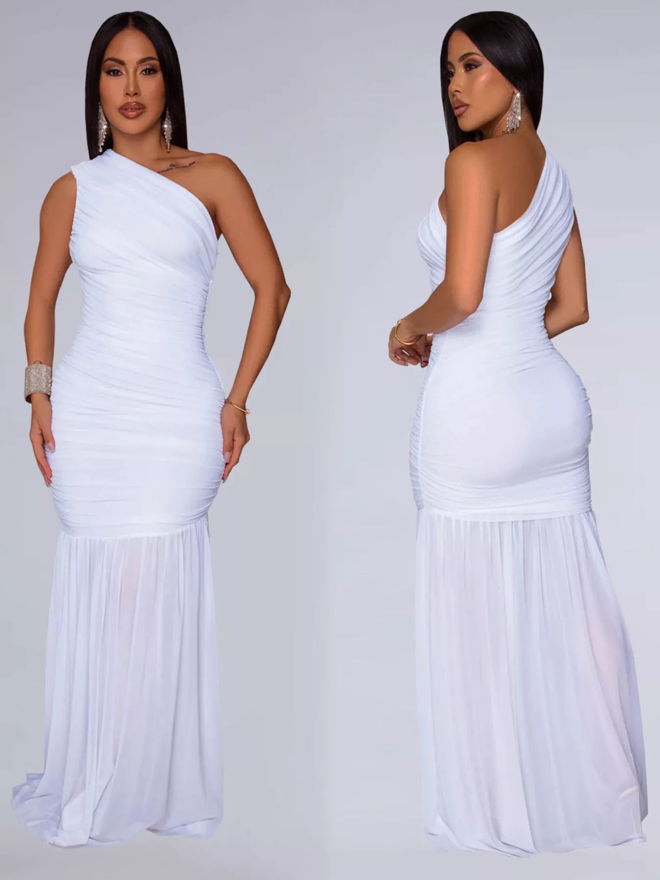 White one shoulder ruched bodycon maxi dress shown from front and side in one frame