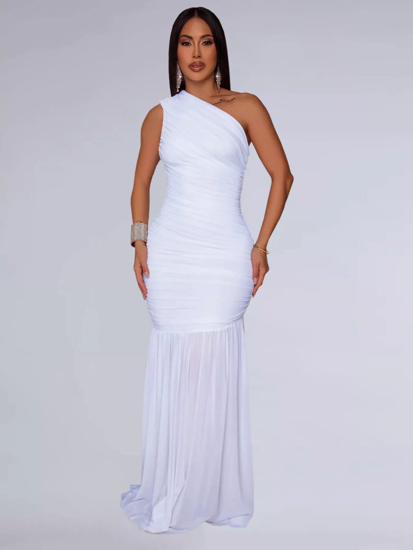 White one shoulder ruched bodycon maxi dress with flowing skirt, front view on model
