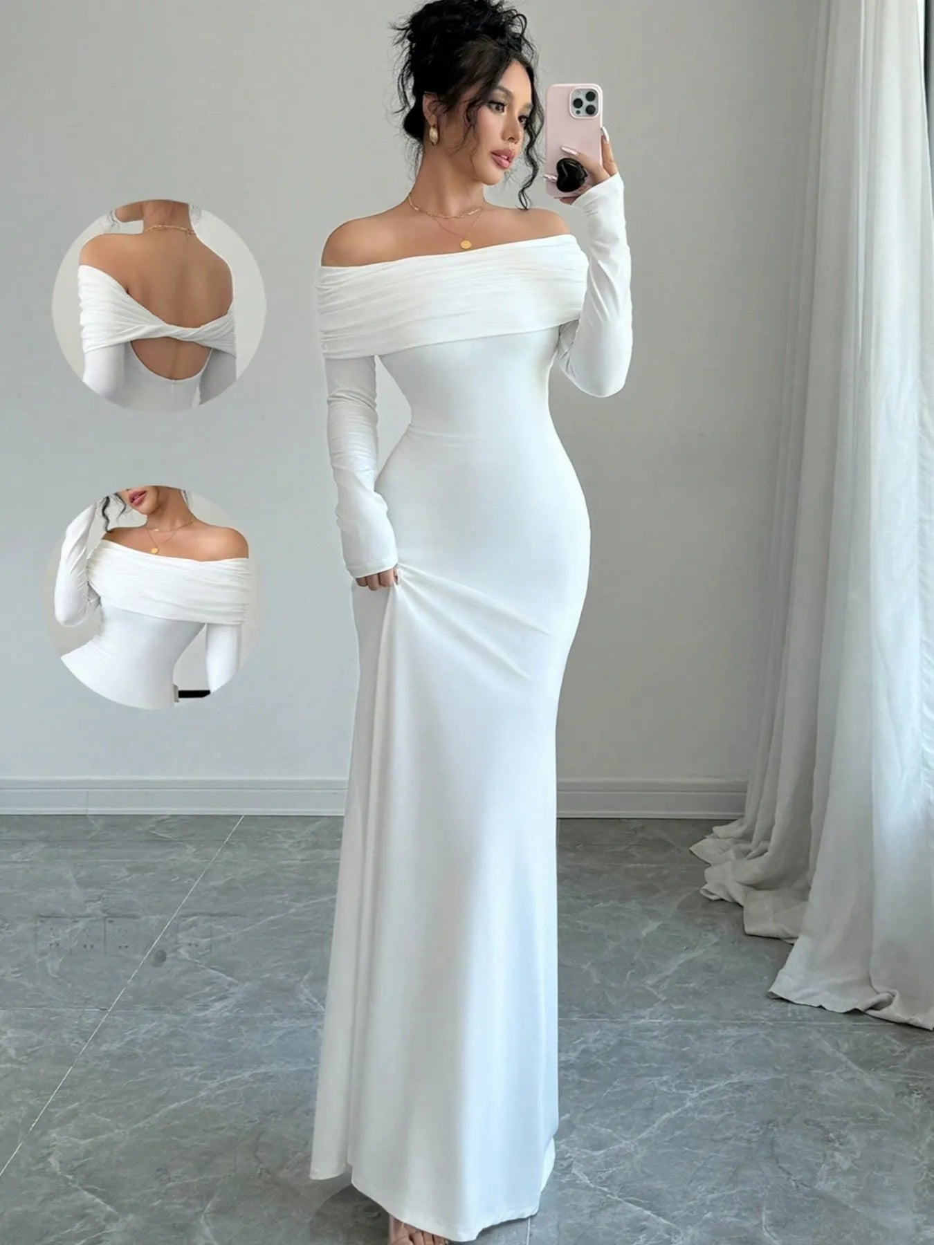 Full front mirror view of white off shoulder bodycon maxi dress with back detail insets
