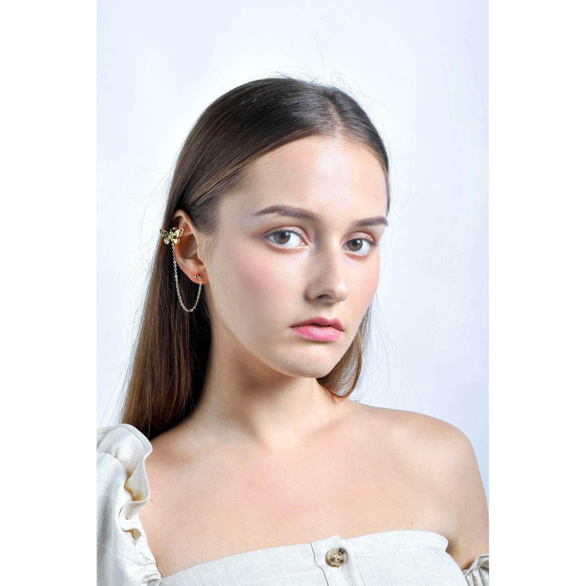 14k Gold Butterfly Clasp Chain Earclip Earrings Gold / Clip On