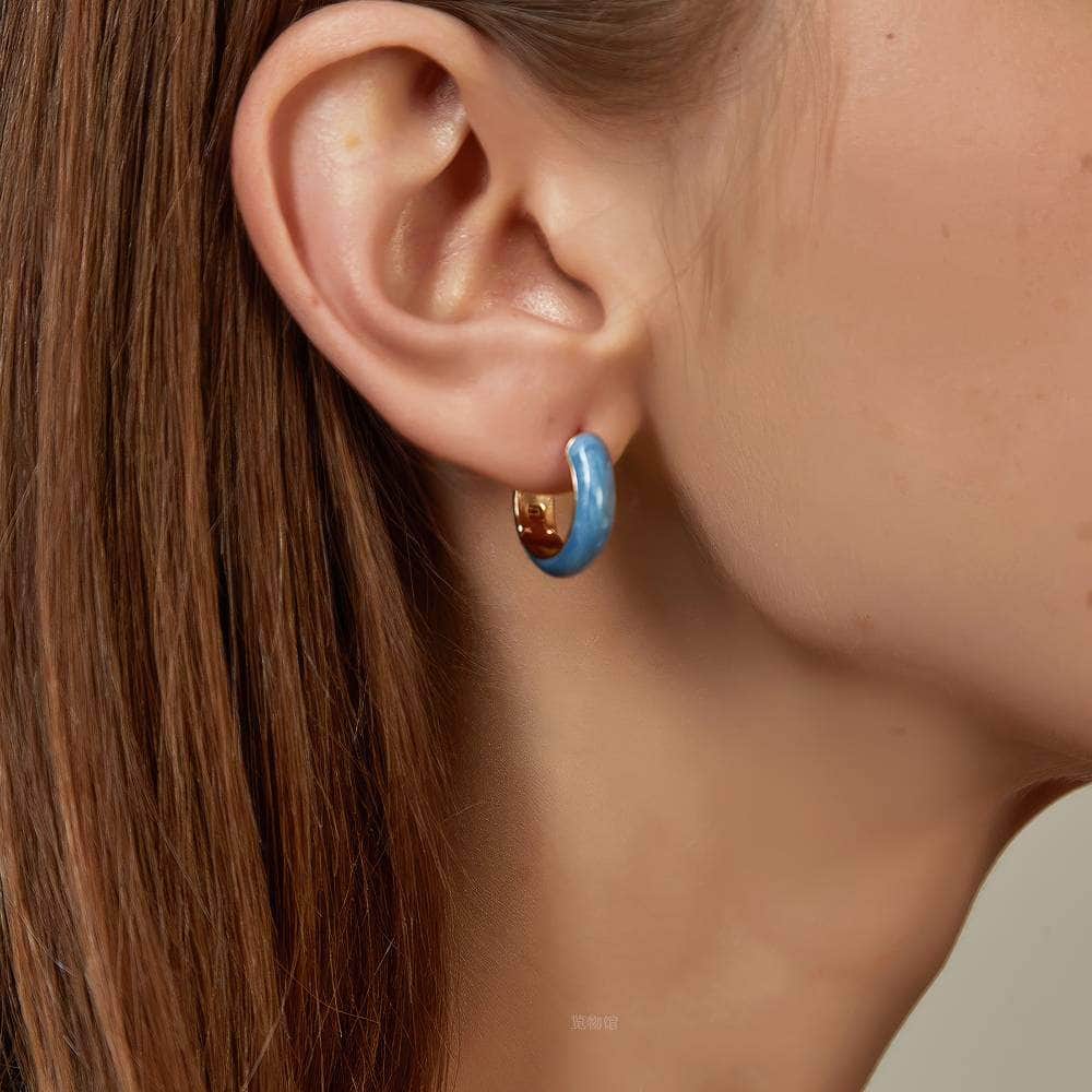 14K Gold Dipped Enamel Hoop Earrings Blue / Clip On