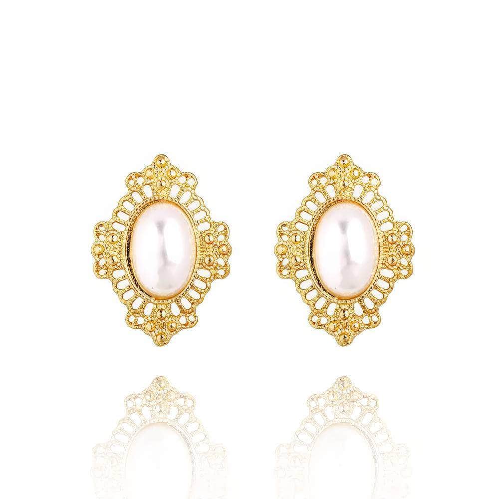 14k Gold Victorian Style Pearl Deco Floral Themed Earrings Gold / Clip On