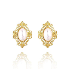 14k Gold Victorian Style Pearl Deco Floral Themed Earrings Gold / Clip On