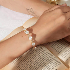 14K Gold Woven Freshwater Pearl Bracelet White