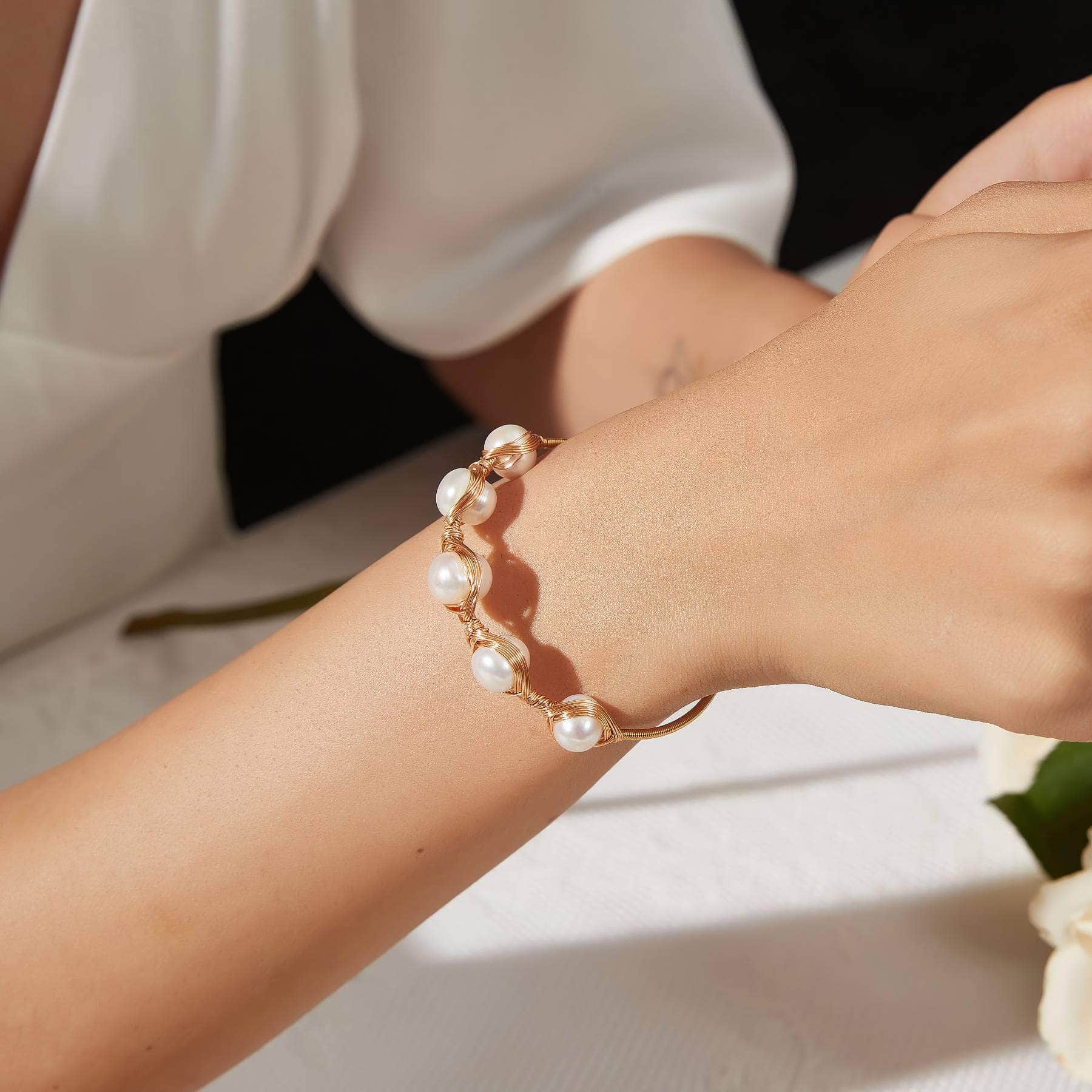 14K Gold Woven Freshwater Pearl Bracelet White