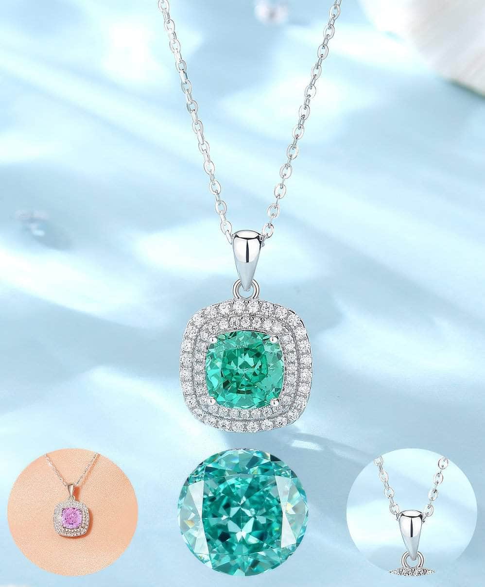 14k White Gold Paved Crystal Lab Diamond Emerald Gemstone Necklace