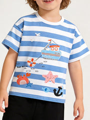 Children's blue and white striped round neck T-shirt with boat, crab and starfish prints, shown worn in front view