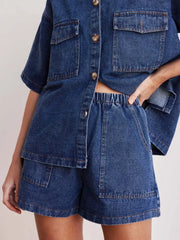 Women's denim shorts with an elastic waistband, drawstring, and pockets.