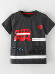 Dark gray children's round neck t-shirt laid flat showing red bus bicycle and car prints