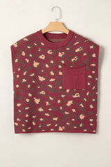 Hanging front view of a deep red leopard print knit top with a chest pocket