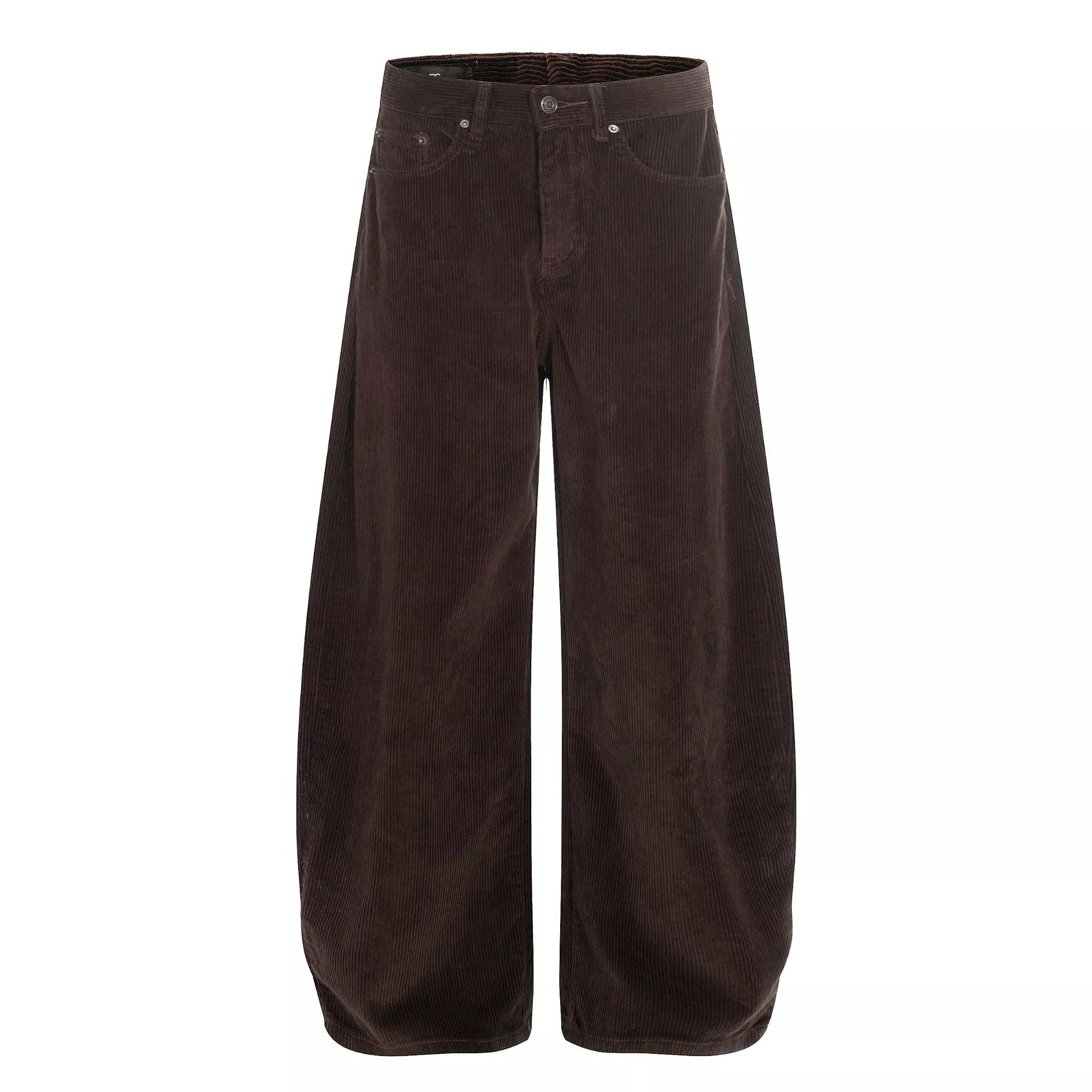 Men's brown corduroy pants with a wide leg silhouette.