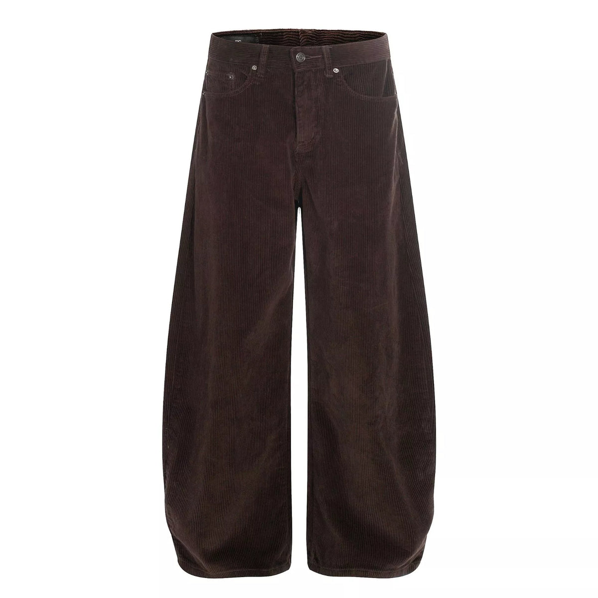 Men's brown corduroy pants with a wide leg silhouette.