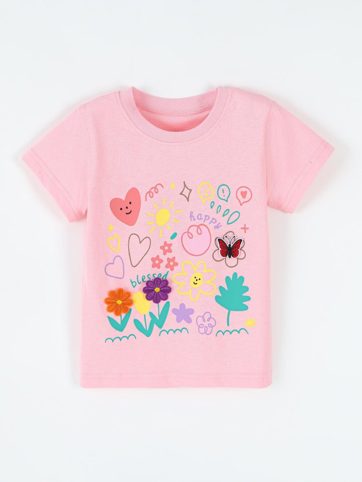 Pink children's short sleeve t-shirt with colorful cartoon flowers, hearts and butterfly print, front flat view