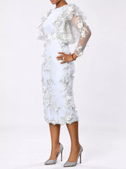 Side view of white plus size floral embroidered sheer ruffle sleeve midi dress