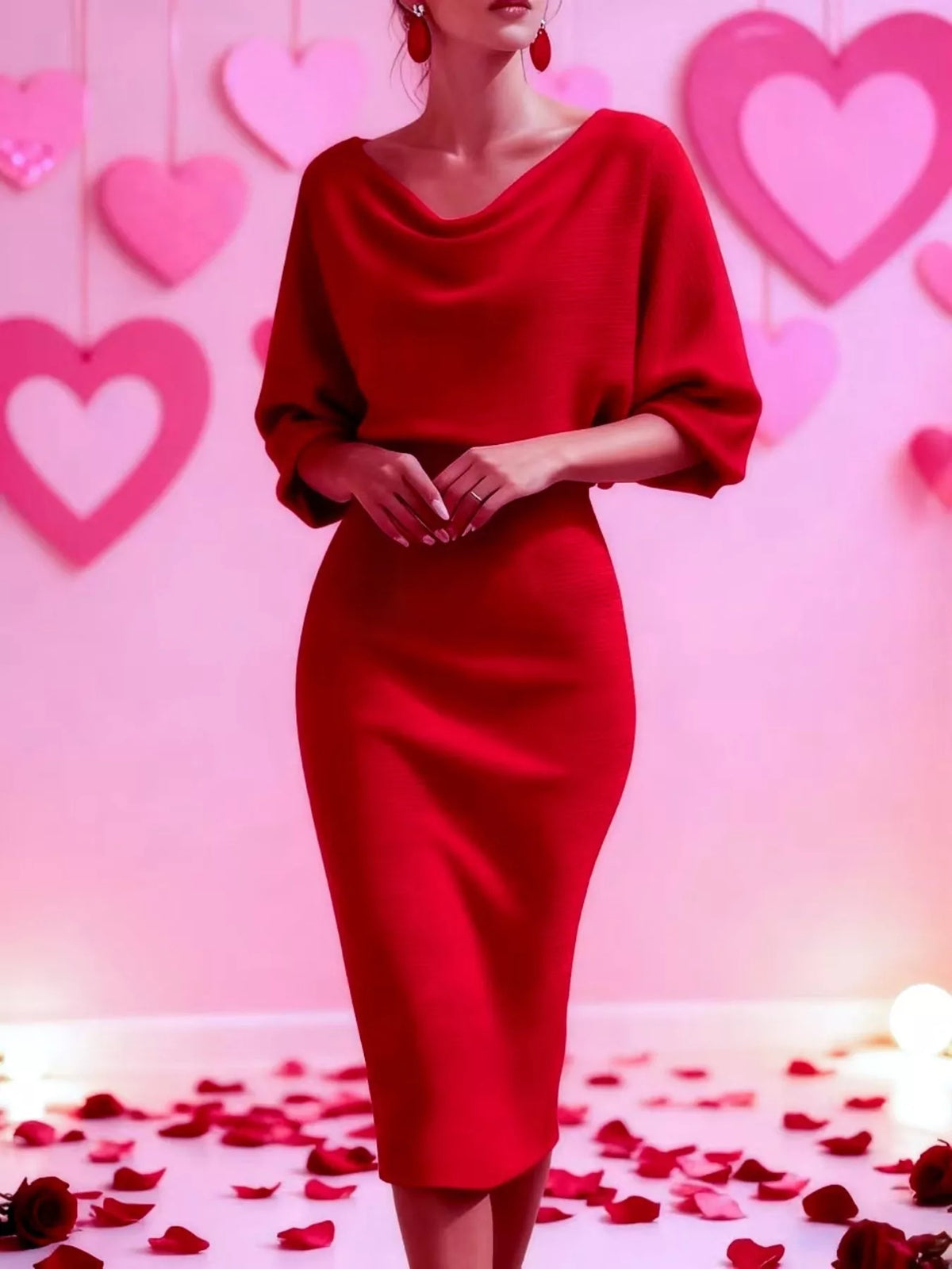 Front view of a red cowl neck bodycon midi dress with three quarter sleeves among rose petals