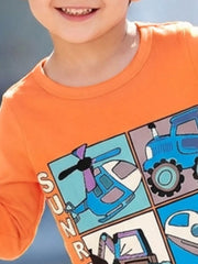 Close up of the round neckline and upper vehicle panels on a children's orange long sleeve tee